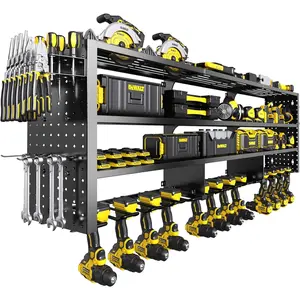 49" W Large Power Tool Organizer Wall Mount, 4 Layer Heavy Duty Metal Tool Storage Rack with 12 Drills Holder, Utility Racks for Garage Workshop, Ideal Garage Organization