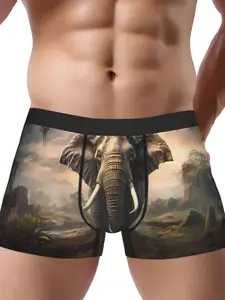 Men's Breathable Boxer Briefs with Elephant Jungle Print - Stretchy Comfort Fit Underwear, African Safari Design & Elephant Trunk Accent for Casual Casual Attire, Novelty Animal-Themed Underwear for Men, Menswear