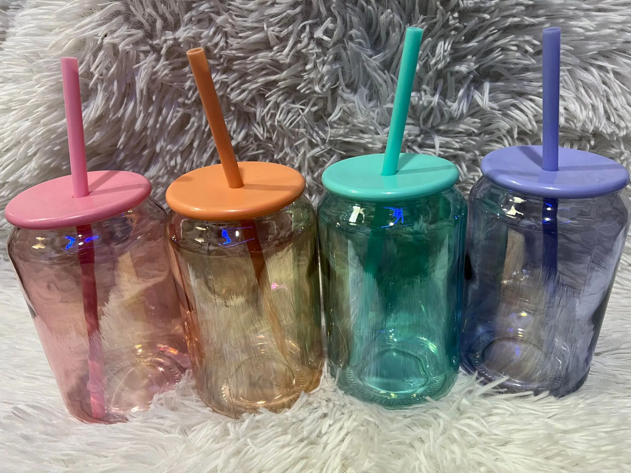 Iridescent Glass Cup with Lid and Straw Iridescent Glass Cup with Lid and Straw