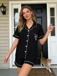 Women's Heart Sleepwear Loungewear Set, Casual Lapel Button Front Shirt and Pants, Comfortable Ladies' Pajamas, Cute Spring Clothes