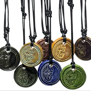 Handmade Ceramic Moon And Star Stamped Wax Seal Pendant Y2K Style Boho Hippie Whimsical Choker Adjustable Black Corded Necklace Clay Charms Jewelry