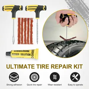 Heavy Duty Tubeless Tire Repair Kit: Flat Plug Tool w/ T-Handle & 55 Strings for Car Truck ATV