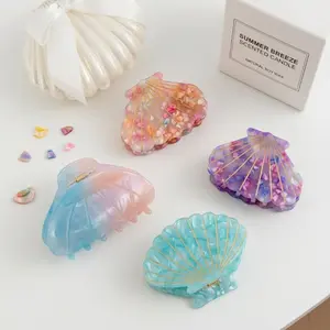 Summer Seashell Hair Claw Clips, Cute Iridescent Shell Shark Hair Clips, Beach Vacation Resin Hair Accessories for Women Girls Thick Long Hair, Perfect for Casual, Vacation & Summer Outfits