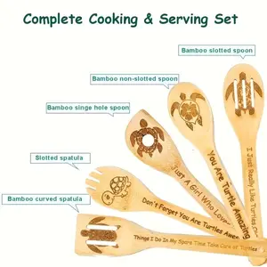5pcs Christmas Wooden Cooking Spoons Utensils Set, Carved Animal Bamboo Wood Gadget Non-Stick Cook Spoon Spatula Kit For Turtle Lover Funny Farmhouse Kitchen Decor Housewarming Present Christmas Gift
