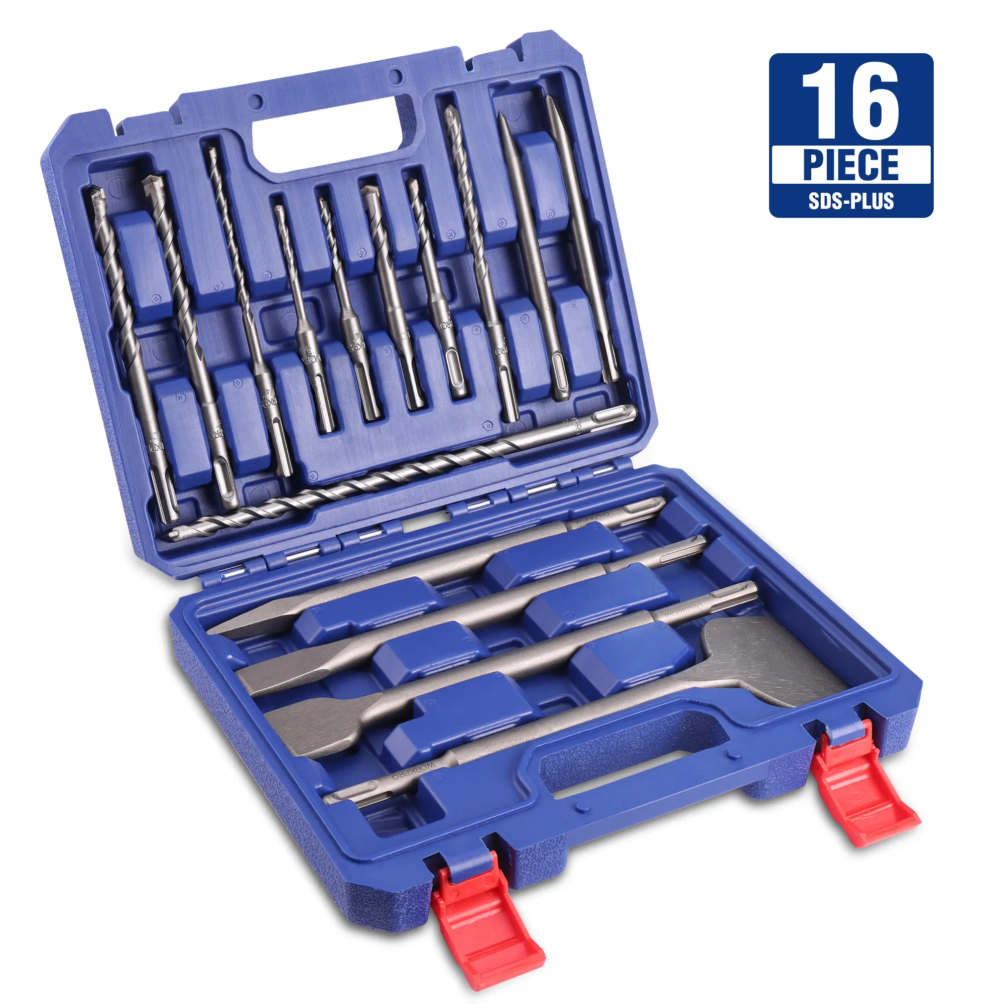 #backtoschool WORKPRO 16-PACK SDS-Plus Rotary Hammer Drill Bits and Chisel Set, Carbide-Tipped Masonry Drill Bits and Chisels for Concrete, Stone, Brick, with Storage Case, SDS Chuck Fit Only