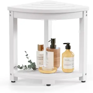 Corner Shower Stool for Inside Shower, Poly Lumber Shower Bench Seat Chair, Bath Shower Stool for Shaving  Foot Rest with Storage Shelf, Adjustable & Non-Slip , White
