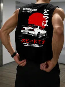 Men's Summer Casual Sleeveless Vest, Letter Car Graphic Print, Outdoor Sports Wear, Daily Versatile, 1 Piece Pack, Sports Apparel