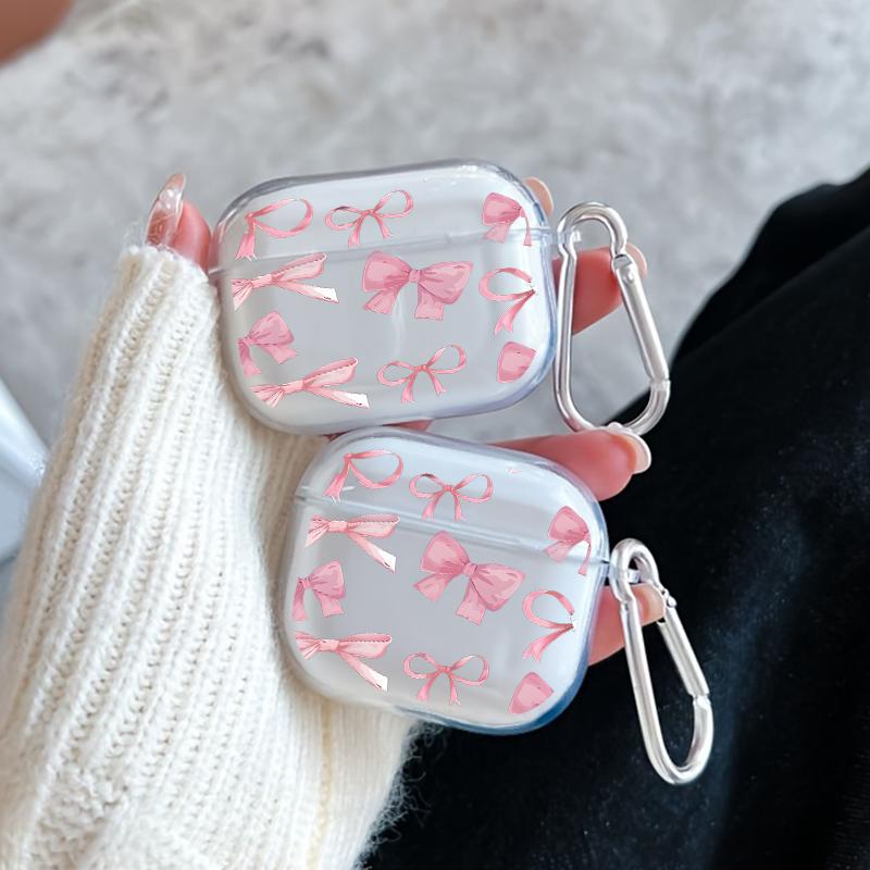 Pink Bow Delight Pattern Protective Case for AirPods 4/3/2/1/Pro/Pro2 Soft TPU Earphone Cover, Transparent with Keychain