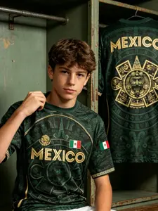 Boys' Mexican Aztec Football Style Short Sleeve T-Shirt, Casual Top, Slim-Fitting Cartoon Pattern, All Seasons Wear