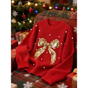 Women’s Christmas New Fashion Sweater, Butterfly Knot Sequins & Beads Design, Crew Neck Casual Pullover, Long-Sleeve Knit Top