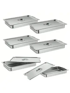 6 Pack Full Size Food Pans, 2.5 Inch Deep Commercial Catering Hotel Pan, NSF Certified, Stainless Steel Anti-Jamming Steam Table Pan,Handle + Lid Containers