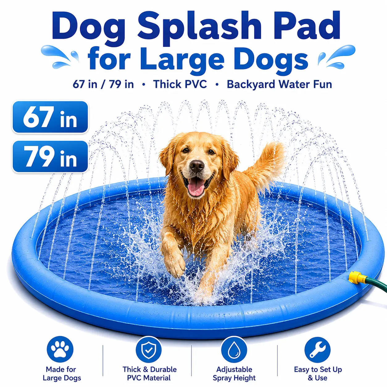 Dog Splash Pad for Large Dogs, 67/79 Inch Dog Splash Pool, Thick PVC Sprinkler Pad with Adjustable Spray, Foldable Backyard Water Play Mat, Outdoor Cooling Toy for Large Breed Dogs high-energy pit interactive
