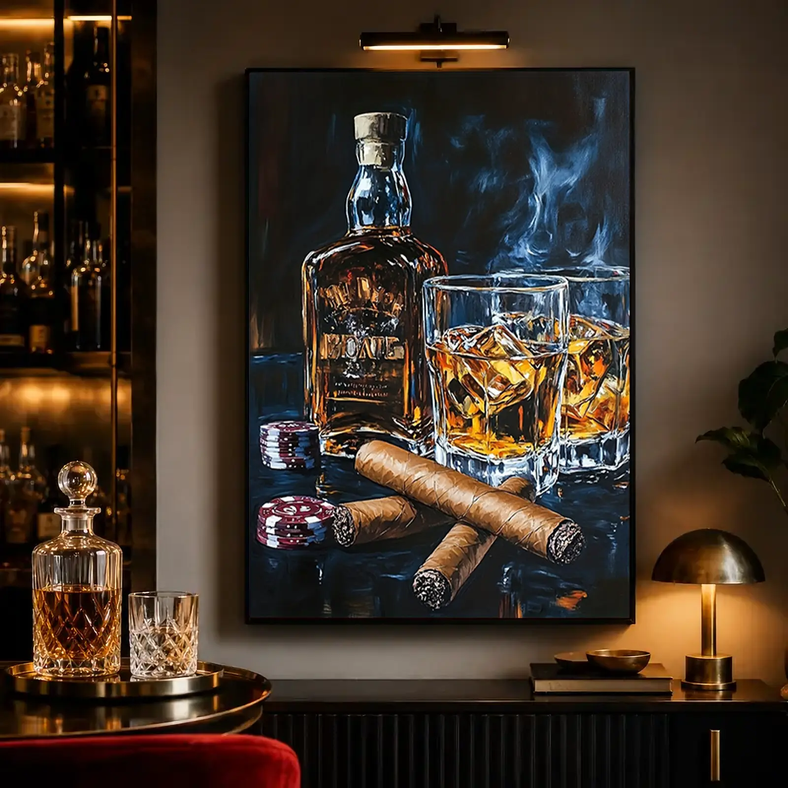 2D flat print whiskey/cigarette/poker chips bar canvas poster wall art ; retro home wall decor decorations; sophisticated printed gift for a man cave, basement bar, or club wall decoration