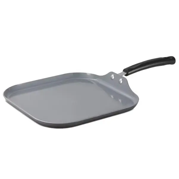 11" Steel Gray Ceramic Square Griddle with Handle - Non-Stick Aluminum Cookware Pan, Lightweight, Dishwasher Safe, Even Heat, Modern Finish Kitchenware for Lunch, Fish Cooking, Easy Food Release