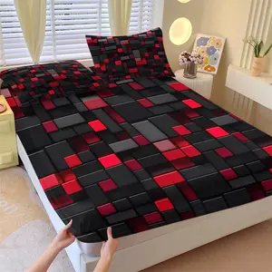 Cyber Neon Red & Black Ombre 3D Cube Fitted Sheet Set, 1 Fitted Sheet and 2 Pillow Cases, Dynamic Geometric Industrial Style Gesign, Soft Skin-Friendly Anti-Slip Wrinkle-Resistant, Trendy Bedroom Decor