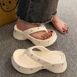 Star Studded Platform Flip Flops — Milky White Height-Boosting Slides, Sweet‑Cool Y2K Style for Outdoor Wear, Non‑Slip