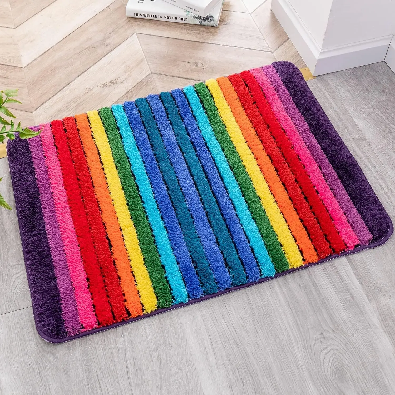 Colorful Rainbow Striped Non Slip Microfiber Bathroom Rug19 X27 | Soft plush microfiber, vibrant rainbow striped design, absorbent quick dry, washable, non slip backing for wet shower floors