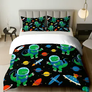 3PCS Duvet Cover Set, 1 Duvet+2 Pillowcases(Without filler), Dinosaur Space Rocket Planet Astronaut theme, Halloween bedding set,  Space Adventure Suitable for decoration Bedroom  Playroom Nursery Dorm Room.