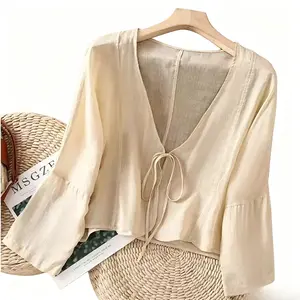 Chinese Style Cotton Linen Sun Protection Open Front Shirt, Solid Color Loose Artistic Summer Thin Tie‑Up Short Outerwear Casual Blouse for Women