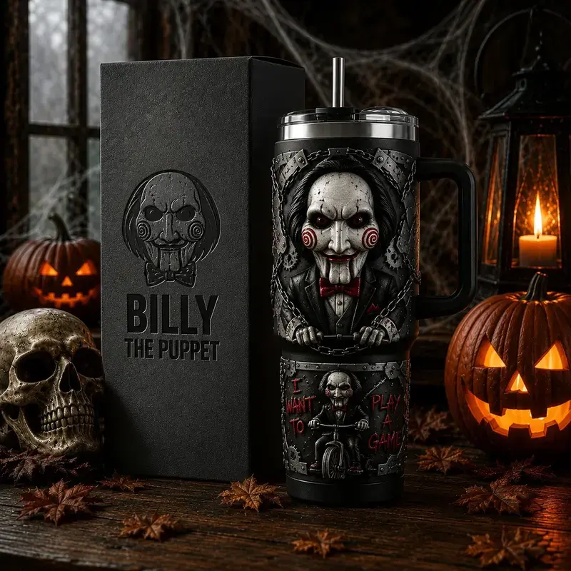 Billy the Puppet Saw 40oz Tumbler, Saw Horror Movie Travel Mug with Handle, Stainless Steel Insulated Cup, Full Wrap Printed Drinkware, Halloween Gift for Horror Fans