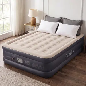 Solrelux Queen Size Air Mattress with Built-in Electric Pump, 18in Height Ergonomic Coil Beam Support, 0.45mm Thick Flocked Surface Inflatable Bed for Home Guests & Camping, 650lbs Anti-Sagging Capacity