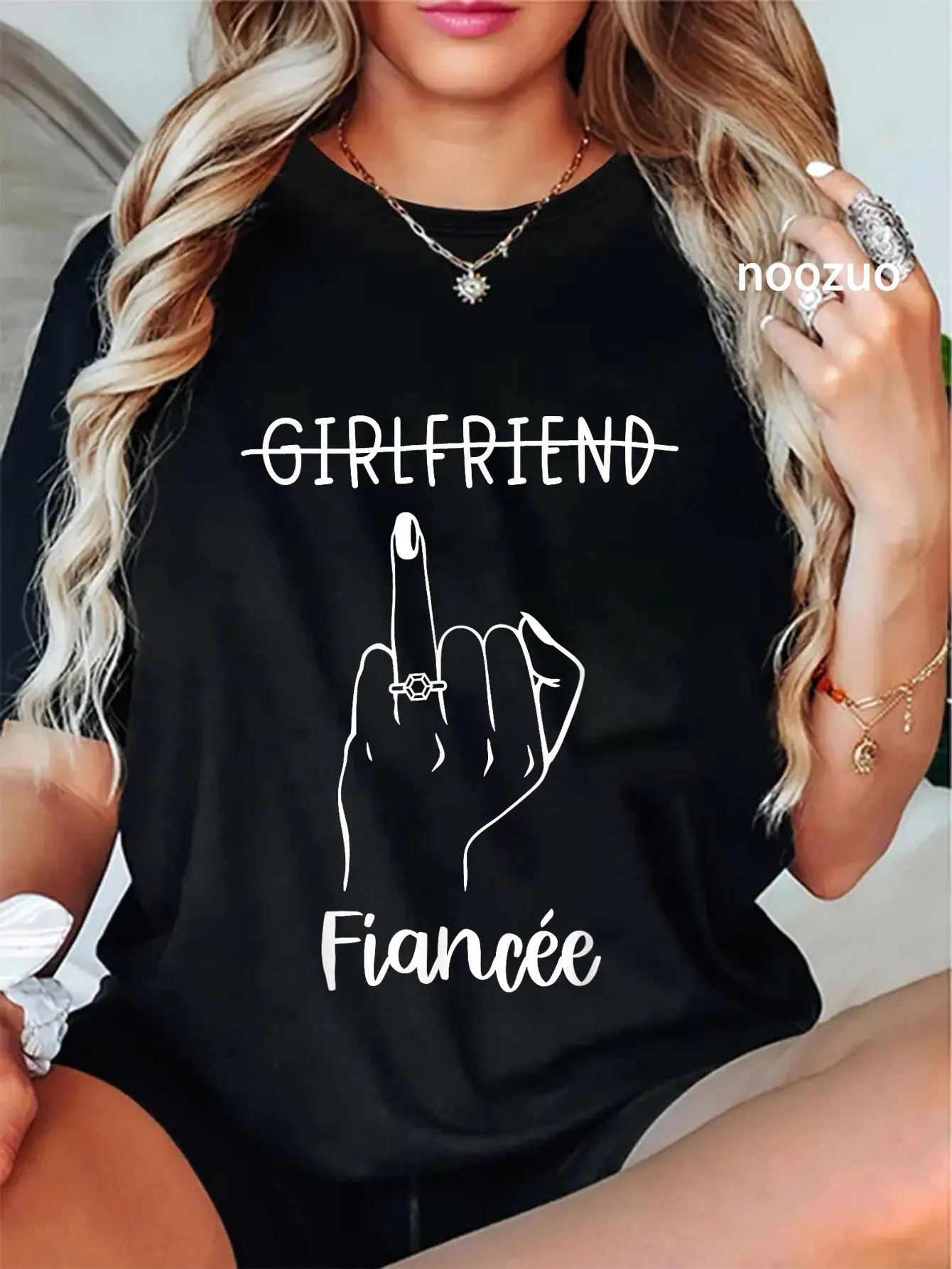 Lady's 100% Cotton Short-Sleeve Casual Everyday Graphic T-Shirt - For Girlfriend, Fiancée, Bachelorette Party, Engaged Ring Finger Theme, Shortsleeve, Round Neck, Top, Women, Tshirt, Vintage, Funny, Playful Look, Engagement Theme, Streetwear