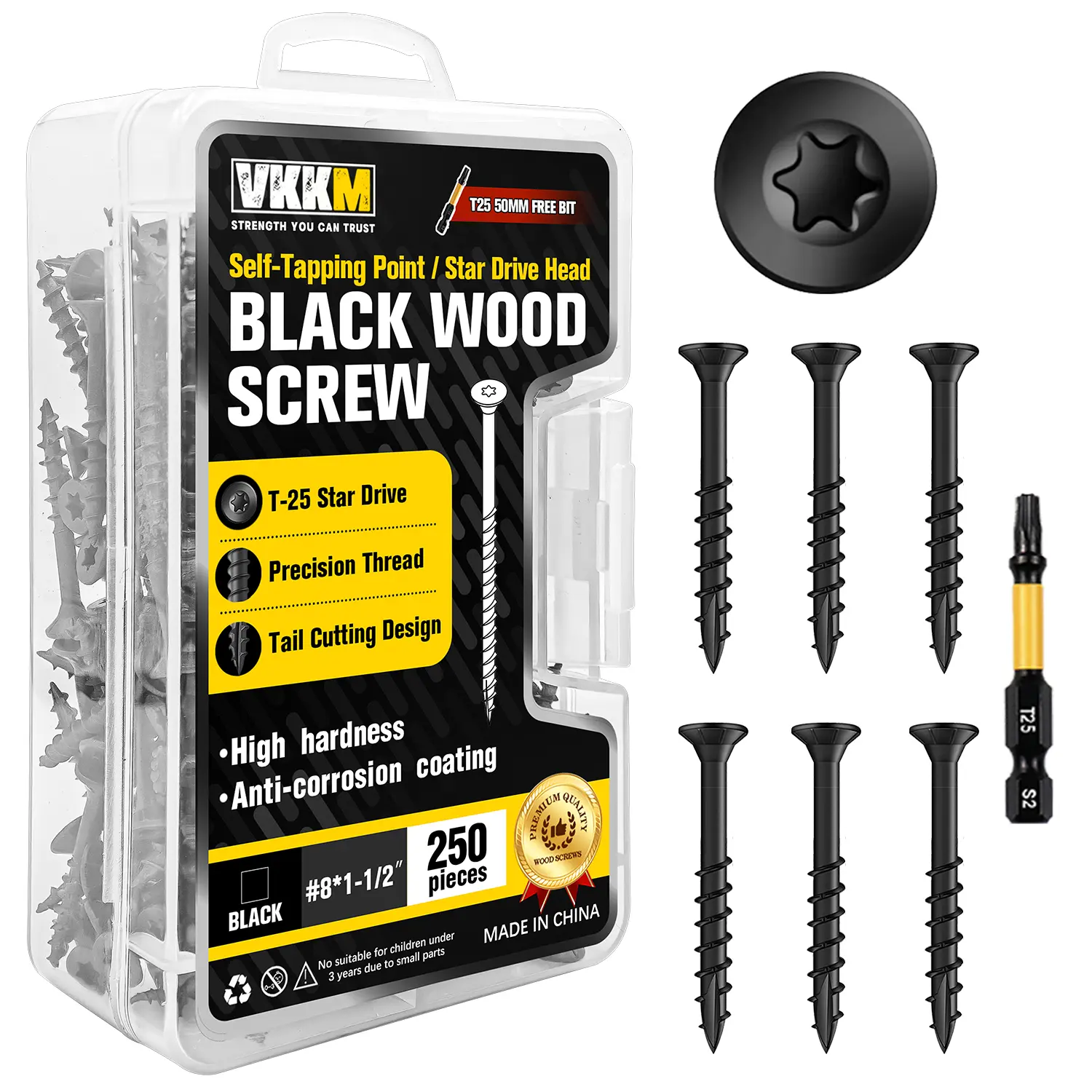 VKKM 250PCS #8 x 1.5in Heavy Duty Black Wood Screws, 6-Point Torx T25 Anti-Stripping Self-Tapping Fasteners, Quick Start Tip Anti-Split Rustproof S2 Steel T25 Drill Bit Included for Exterior Carpentry Decking DIY Projects