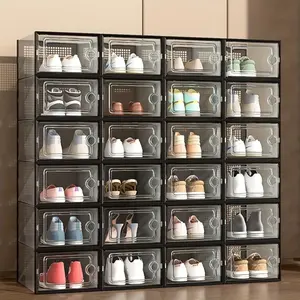 24 packs of thickened transparent shoe boxes (with lids), foldable stackable shoe racks, display storage rack, space-saving storage and finishing devices, suitable for homes and dormitories, Clear Shoe Storage, Clear Shoe Organizer