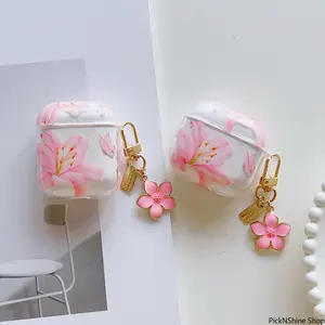Pink Lily Flower Earphone Case With White Floral Design, Soft Protective Cover Compatible With AirPods Series Models, Anti-Drop Flexible Shell For Daily Carrying And Charging Protection