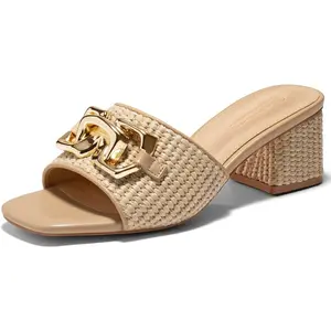 Coutgo Womens Raffia Slide Sandals Chunky Block Heeled Square Open Toe Metal Chain Slip on Mules Dressy Shoes