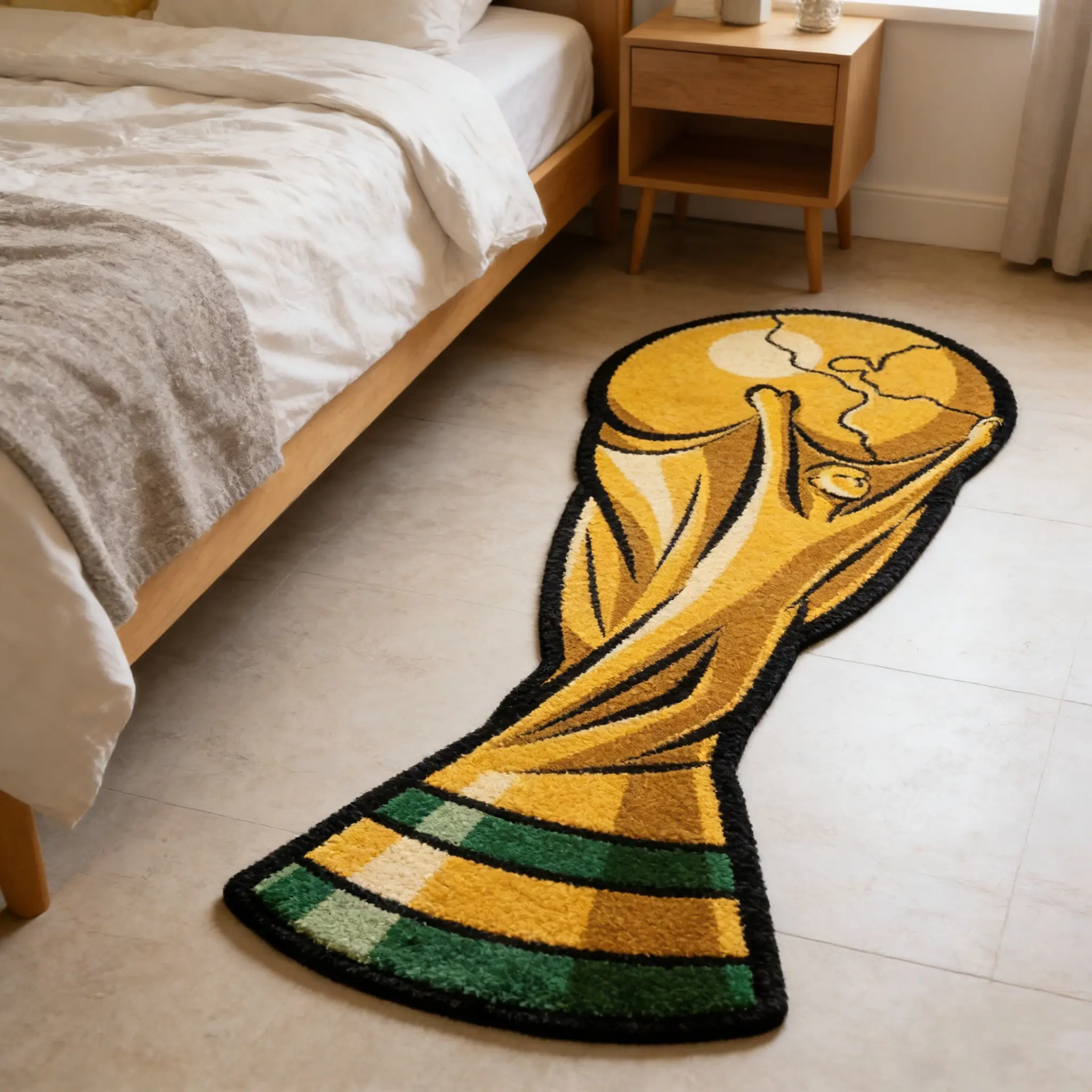 Golden cup shaped irregular carpet, gold green contrasting velvet floor mat, bedroom e-sports room anti slip wear-resistant foot mat, decorative mat suitable for football fan style home decoration, Football rug