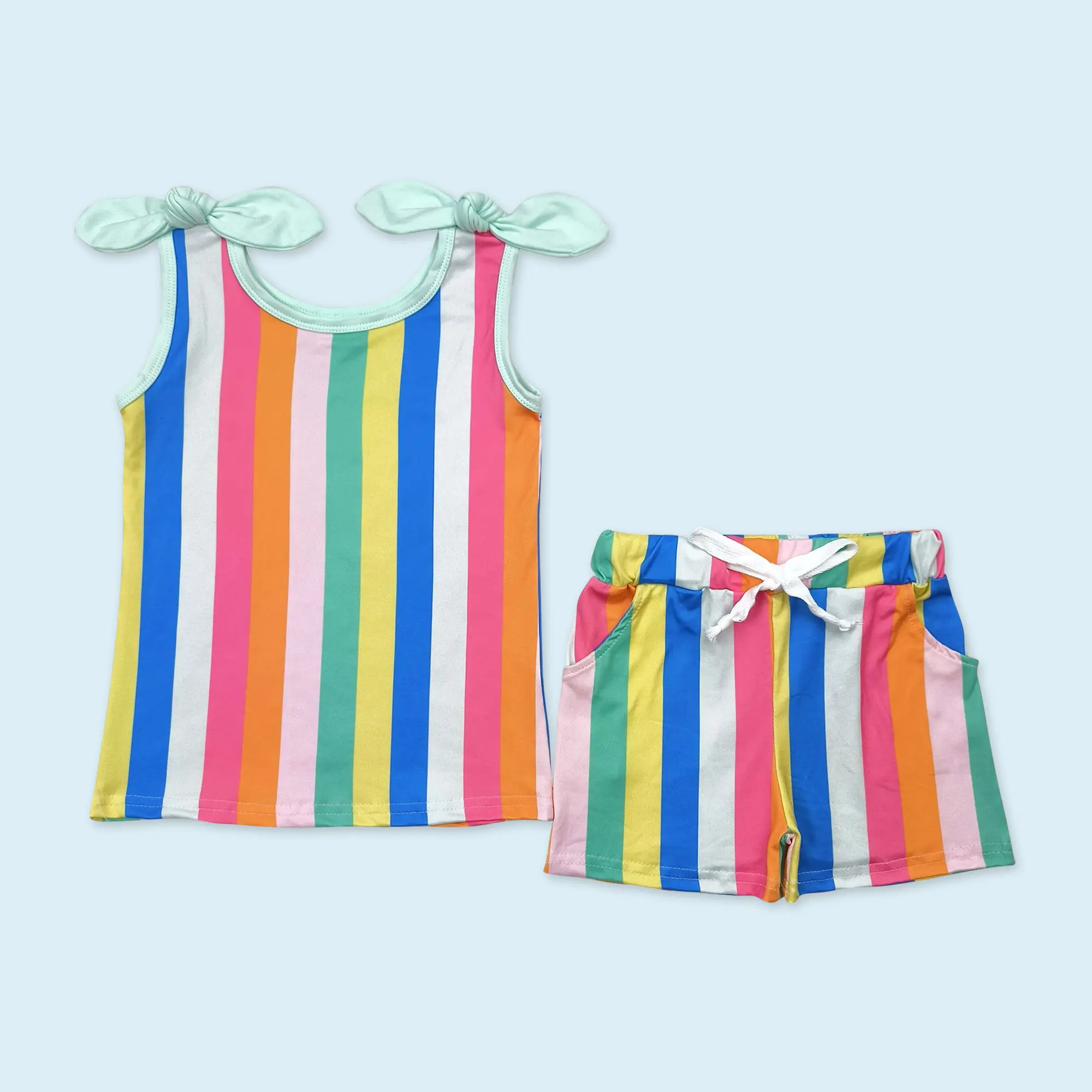 Colorful stripe top shorts girls summer clothing set