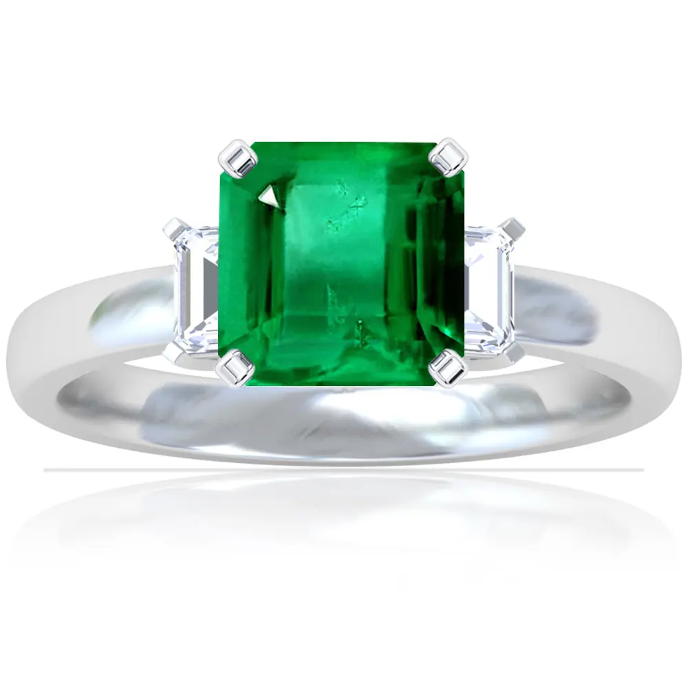 GIA Emerald Emerald Cut and Diamond Three Stone Ring - (14k White Gold)- R65612REEM