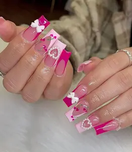 Aura Nails - Pink Cherry Bow Press On Nails, 3D Bow Heart Nails, Valentine Nails, Glossy Pink French Tip Nail Set