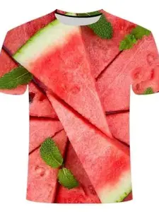 Menswear Unisex Loose Crew-Neck Short-Sleeve T-Shirt - Realistic 3D Digital Watermelon Print, Fun Fruit-Vegetable Design, Casual Versatile, Ideal for Vacation, Multiple Patterns Available