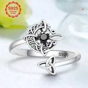 September Laurel Adjustable Moon Witch Knot Ring with Black Diamond Accents, Goth Alternative Artistic Moon Motif Ring, Women's Adjustable Fashion Accessory, Mystic Style Unique Gift