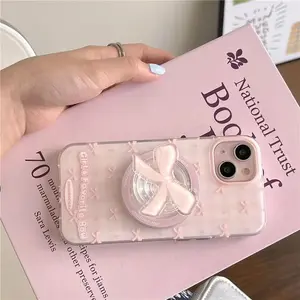 HAPPEE Magnetic Pink Bow Phone Case with Holder for iPhone 11 12 13 14 15 16 Pro Max Cover Silicone Screen Protector Shockproof D1340 Color Protective Protection Cellphone Smartphone - Casing