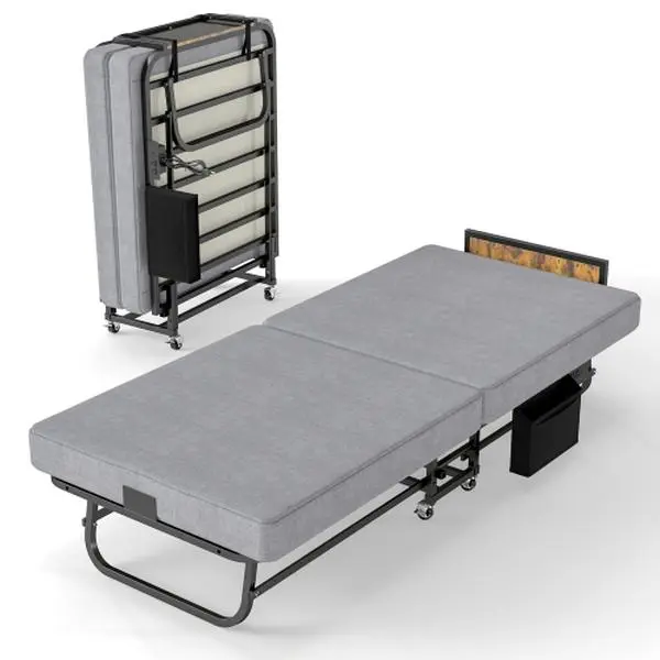 [Bellemave]Folding Bed with Headboard & USB Charging Station, 3" Memory Foam Rollaway Bed with Storage Pocket, Heavy-Duty Portable Guest Bed on Wheels, Ideal for Guests, Office Naps & Camping