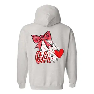 GA Georgia Hoodie – Southern State Graphic with Red Bow & Heart, Cute Bulldog Pattern, Unisex Southern Gift, Cozy Fall Streetwear, Menswear Top