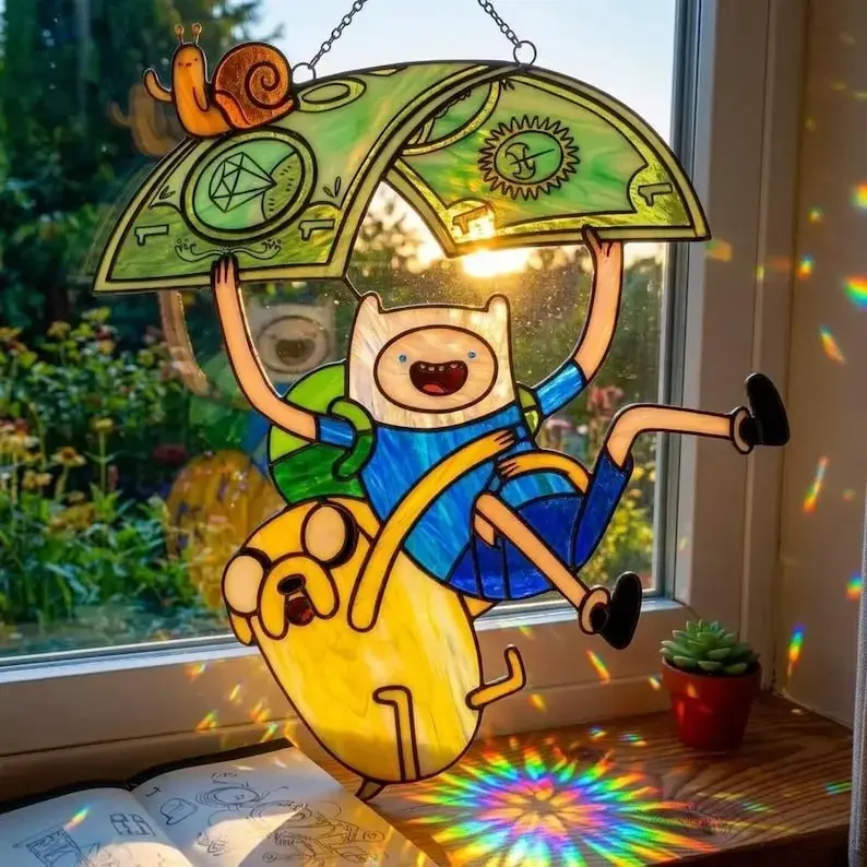 Cottagecore Adventure Time Finn and Jake Stained Glass Suncatcher Acrylic Window Hanging Decor, Whimsical Cartoon Prism Sun Catcher, Cozy Room Aesthetic Gift