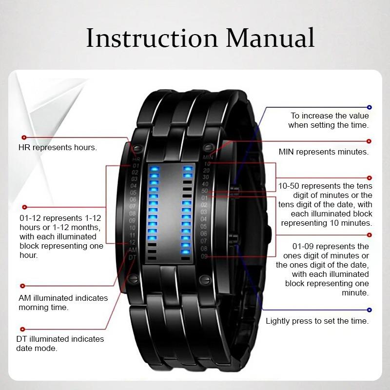 Binary LED Digital Watch – Sleek Modern Design with Unique Binary Time Display, Water-Resistant Alloy Wristwatch for MenBinary Watch, LED Digital Watch, Modern Men's Watch, Minimalist Design, Water-Resistant Watch, Alloy Strap Watch, Unique Timepiece,