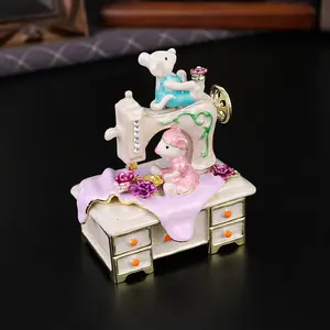 Bear Sewing Machine Jewelry Box, Custom Couple Style, Blue Dual Bear Design, Detailed Flip Cover, Perfect Wedding Anniversary Gift