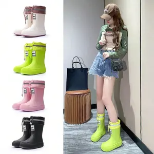 Women's Waterproof Rain Boots with Drawstring, Fashionable Mid-Calf Rubber Shoes, Lightweight Non-Slip Sole, All-Season Footwear