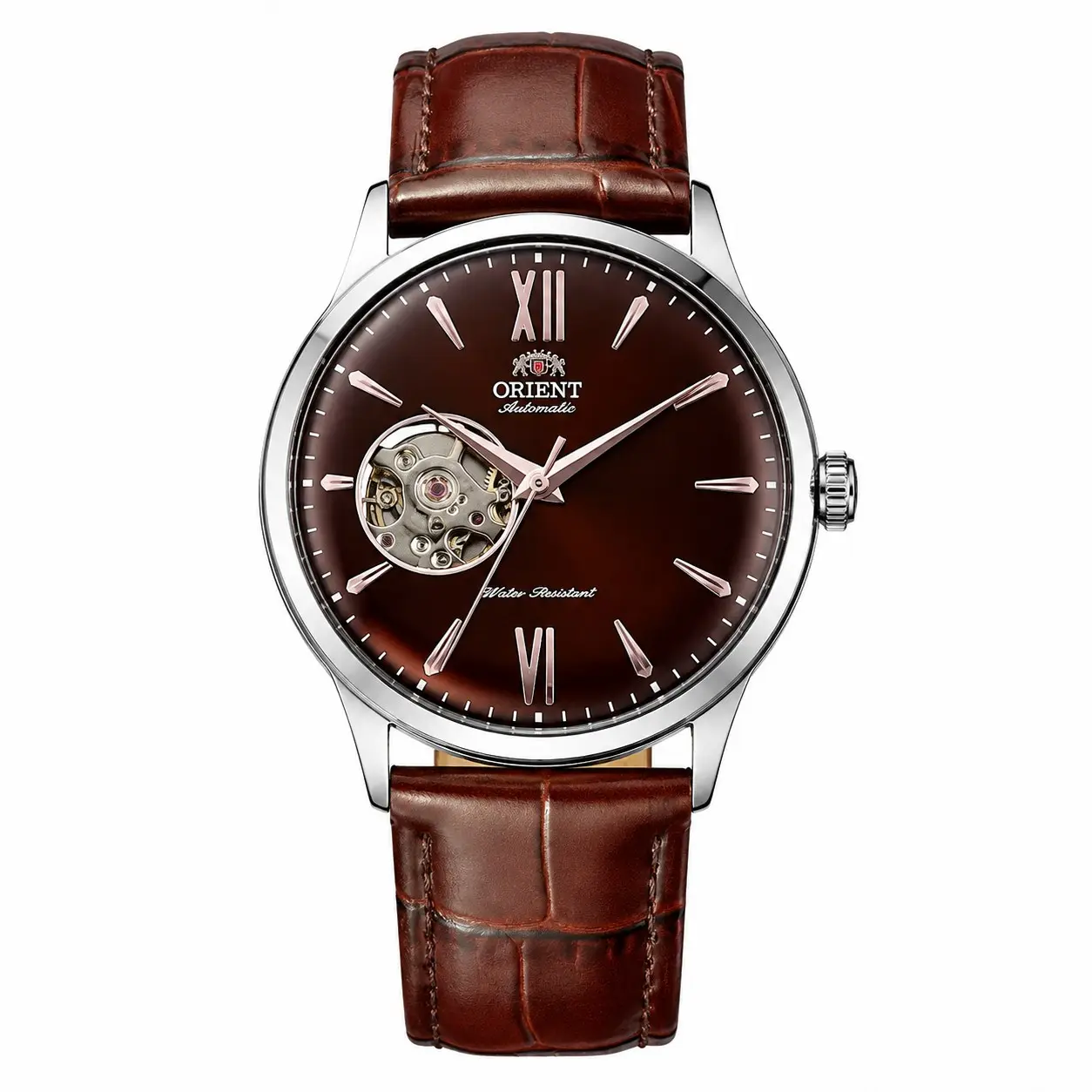 Orient Men Automatic Skeleton Mechanical Watch Roman Numeral Dial Genuine Leather Stainless Steel Strap Waterproof Business Dress Casual Wristwatch Luxury Hollow Dial Male Watch Gift