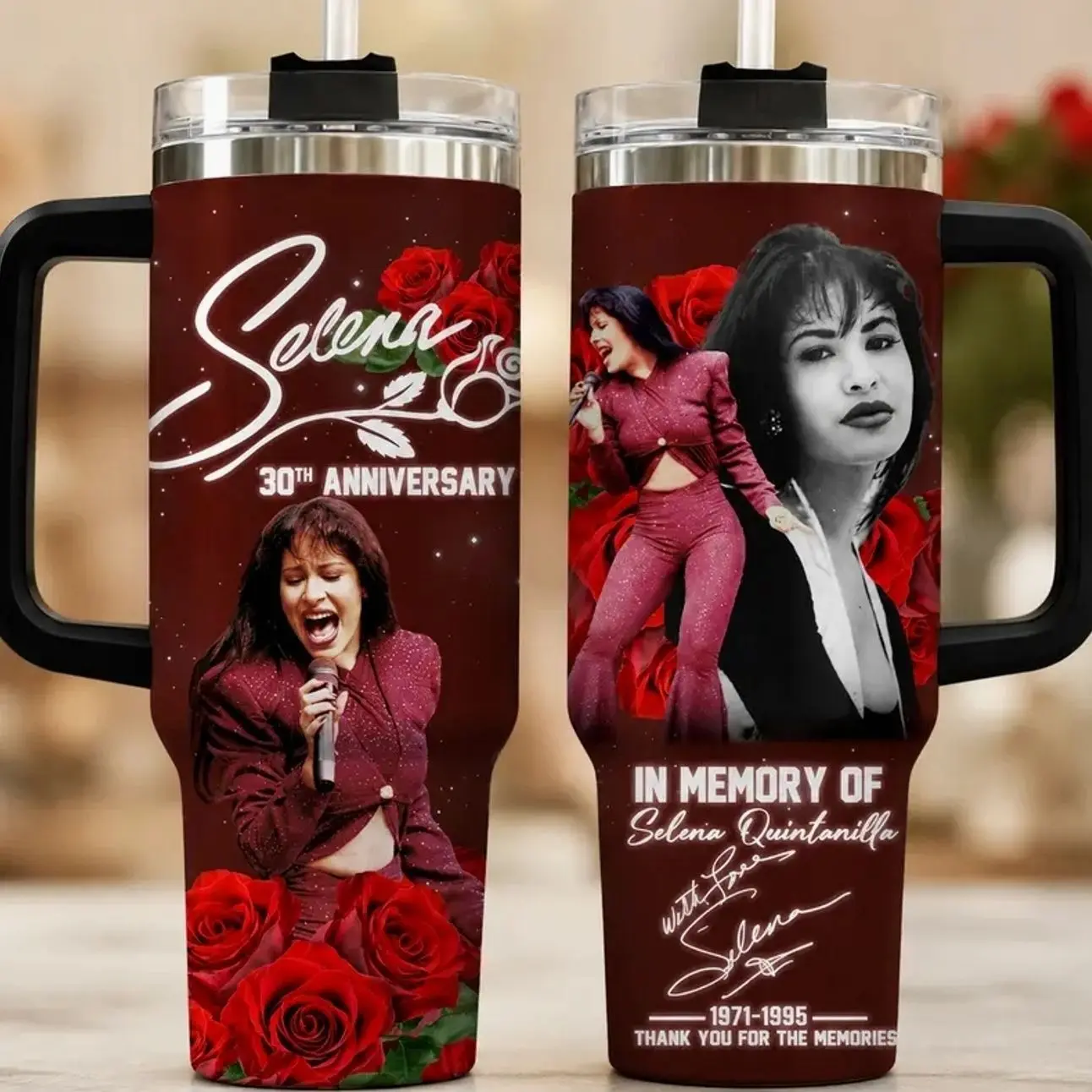 Selena 30th Anniversary Memorial Tumbler 40oz, In Memory Of Selena Quintanilla Red Rose Music Fan Cup, Tejano Queen Tribute Drinkware Gift, Not Including The Straw