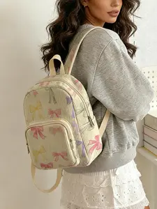 1 piece of bow pattern 2D printed lady's backpack, corduroy texture + layered storage + light weight reduction | perfect for students to go to class/shopping/short trips | combination of atmosphere and practicality Lightweight Backpack