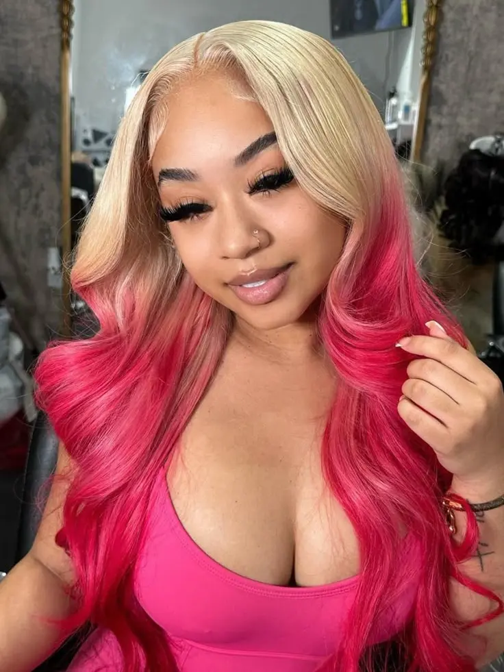 Blonde and Pink Lace Front Wig for Women, 28 Inch Long Curly Wavy Synthetic Hair, Pre-plucked HD Lace, Glueless & Heat Friendly Free Part, Heat Friendly Wig, Curly Wavy Hair, Female, Pink Wig