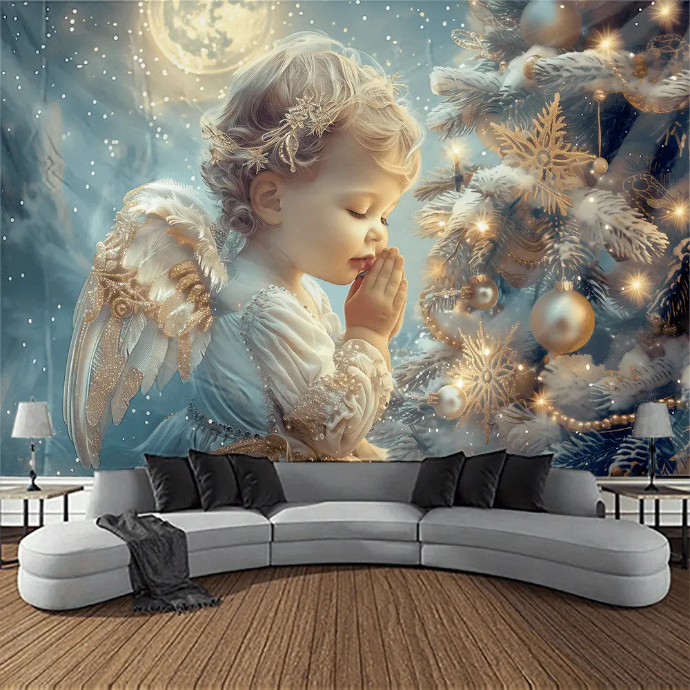 1pc Soft Durable 2D Flat Christmas Angel Praying Wall Hanging Tapestry - White Angel with Golden Halos, Snowflakes, Starry Backdrop, Christmas Tree, Machine Washable Easy to Clean Indoor Warm Holiday Living Room Wall Decor