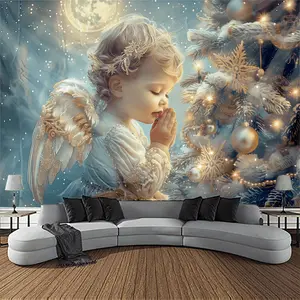 1pc 2D Flat Enchanting Angel Praying Wall Tapestry with Christmas Tree Backdrop – Warm and Cozy Holiday Decor for Living Room, Youngsters Angel in White with Golden Halos, Snowflakes, and Starry
