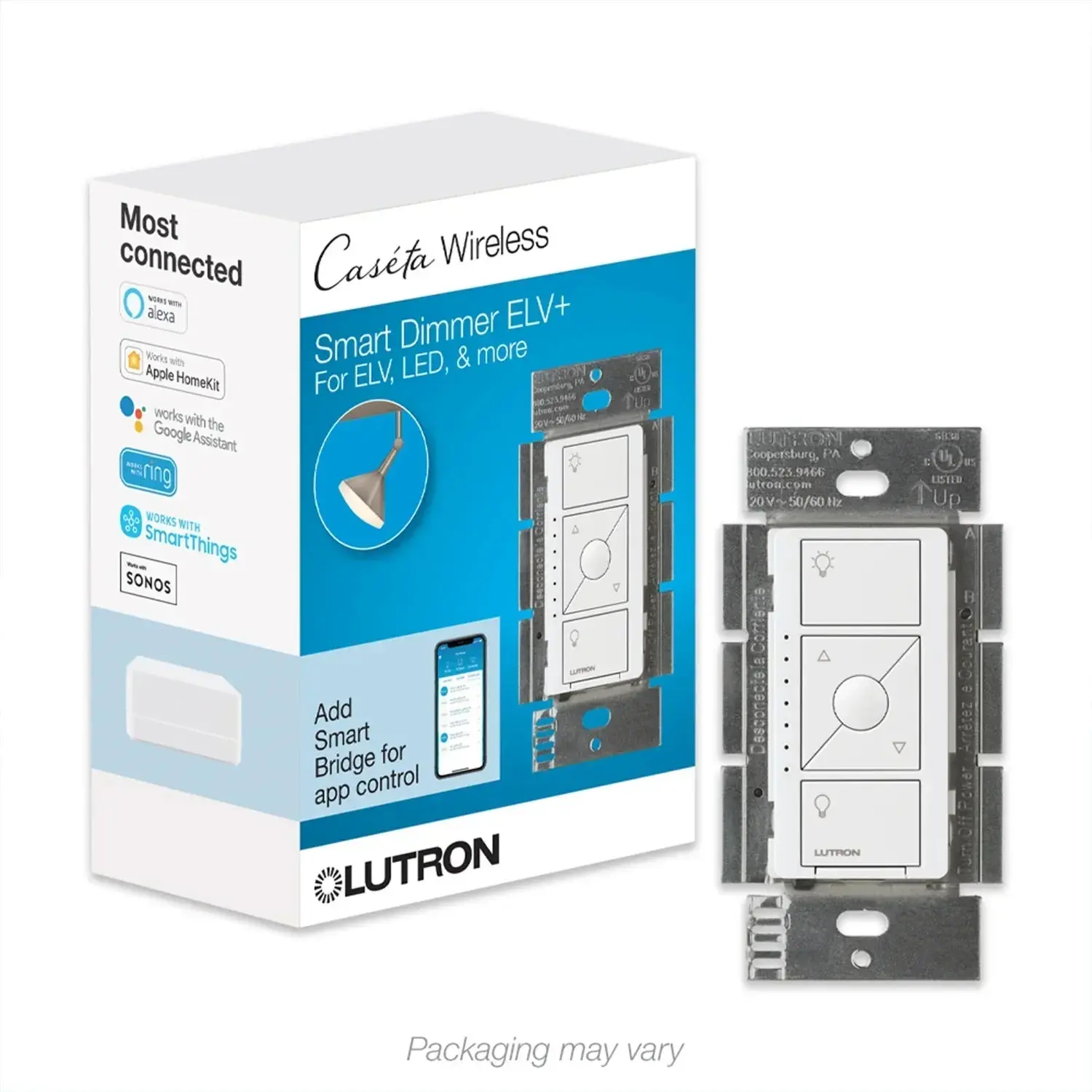 Caseta Wireless Smart Dimmer Switch, 500W ELV/250W LED, 3-Way/Multi-Location, Neutral Required, White